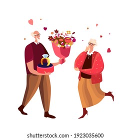 Love Engagement, Betrothal Proposal. Pensioner Old Handsome Man with Wedding Ring and Bouquet of Flowers Making Offer to Elderly Attractive Woman Ask her Marry him. Marriage. Flat Vector Illustration.