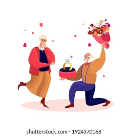 Love Engagement, Betrothal Proposal. Pensioner Old Man Standing on Knee with Wedding Ring and Bouquet of Flowers Making Offer to Elderly Woman Asking her Marry him. Marriage. Flat Vector Illustration.