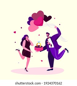 Love Engagement, Betrothal Proposal Surprise. Young Smiling Man with Bunch of Air Balloons and Wedding Ring Making Offer to Happy Woman Asking her Marry him. Marriage Concept Flat Vector Illustration.