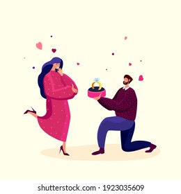 Love Engagement, Betrothal Proposal. Young Man Stand on Knee with Wedding Ring Making Offer to Woman Asking her Marry him. Hearts around. Surprise. Marriage Concept. Cartoon Flat Vector Illustration.