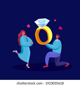 Love Engagement, Betrothal Proposal. Young Man Stand on Knee with Wedding Ring Making Offer to Woman Asking her Marry him. Hearts around. Surprise. Marriage Concept. Cartoon Flat Vector Illustration.