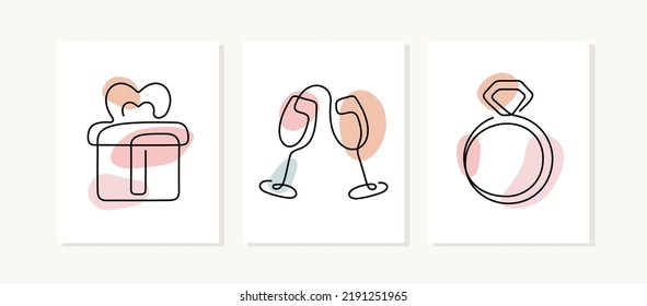 Love, engagement, dating continuous line posters. Gift, champagne glasses, engagement ring illustrations.