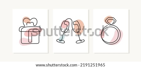 Love, engagement, dating continuous line posters. Gift, champagne glasses, engagement ring illustrations.