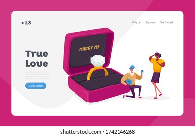 Love, Engagement and Marriage Landing Page Template. Man Stand on Knee with Ring in Box Making Proposal to Woman Ask her Marry him. Characters in Loving Relations. Cartoon People Vector Illustration