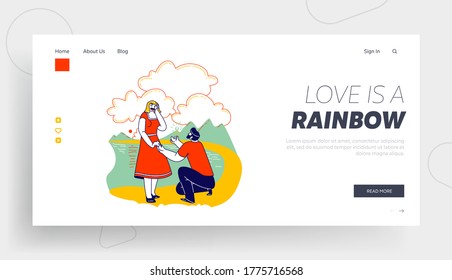 Love, Engagement, Marriage Landing Page Template. Young Man Stand on Knee Making Proposal to Woman Asking Marry him in Beautiful Garden or Park with Pond. Characters Linear People Vector Illustration