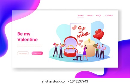 Love, Engagement and Marriage Landing Page Template. Man Stand on Knee Holding Ring Making Romantic Proposal to Woman Asking her Marry him. Loving Characters. Cartoon People Vector Illustration
