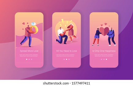 Love Engagement Mobile App Page Onboard Screen Set. Man Stand on Knee Making Proposal to Woman Asking her Marry him. Love and Marriage Concept for Website or Web Page. Cartoon Flat Vector Illustration
