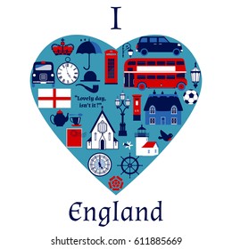 I love England. Symbols of country - Double Decker, taxi, church, thatched cottage, soccer ball, pipe, hat, umbrella, street lamps, flag, lighthouse, beg ben face clock, rose, teapot, stamp. 