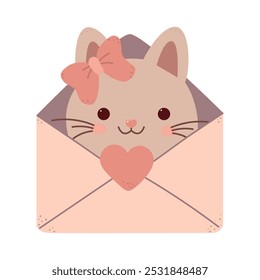 A love envelope with a cat inside. Visualize greetings with love for mother and Valentine's Day. Mail, letter or stationery theme. Template for scrapbooking, romantic design, posters, greeting cards,