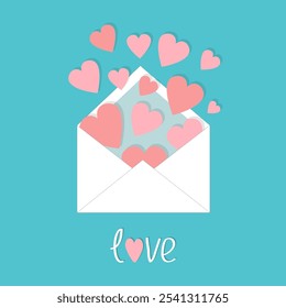 Love Envelope with flying pink hearts. Open paper letter. Happy Valentines Day. Greeting card. Cute decoration element. Childish style. Flat design. Blue background. Isolated. Vector illustration.