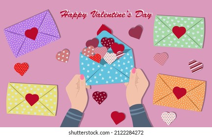 Love envelope in hand and love symbol all around. Valentine's day greeting card. Vector illustration on pink background.