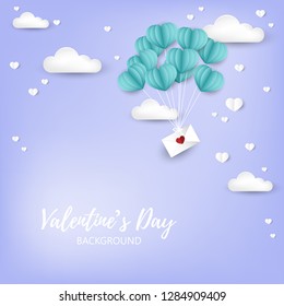 A love envelope hanging by a group of heart shape balloons floating on sky with white clouds and many tiny hearts on light purple background for your copy space. Concept of love in paper art style.