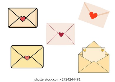 Conjunto de ilustración de sobre de amor aislado sobre fondo blanco para mensaje romántico y diseño de boda de San Valentín.