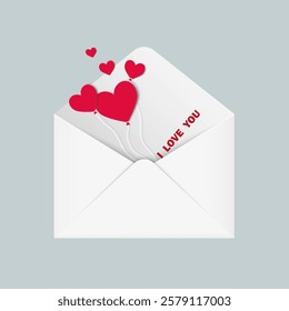 Love envelope with paper cut red hearts. Message I love you. Valentine's Day card. Romantic invitation. Mail and postcard.