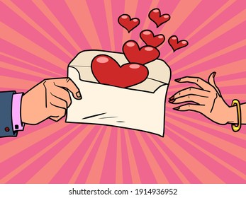 love in an envelope red heart valentine card. Cartoon comic book pop art illustration drawing