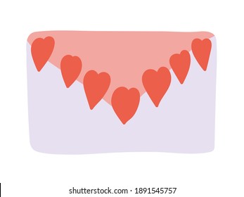 Sobre de amor con corazones rojos. Tarjeta de saludo dibujada a mano aislada en fondo blanco.