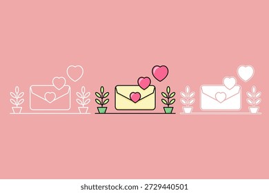Envelope de amor com três estilos diferentes. Tema dos namorados. Símbolos e decorações dos namorados, ilustração vetorial.