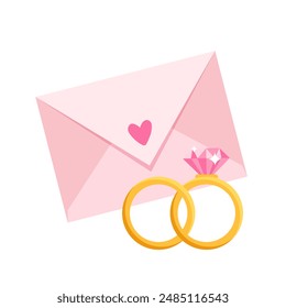 Love envelope with wedding rings isolated on white background.