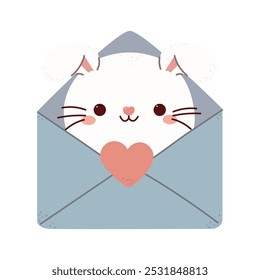 A love envelope with a white bunny inside. Visualize greetings with love for mother and Valentine's Day. Mail, letter or stationery theme. Template for scrapbooking, romantic design, posters, greeting