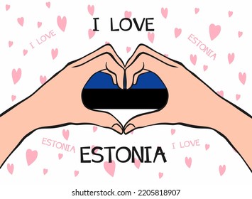 I love Estonia. Heart hand gesture with Estonia flag. Modern design with text I love Estonia in flat style. Beautiful background design with hearts. Vector illustration eps 10