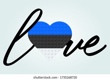 Love Estonia Text. Flag in heart. Calligraphy text. From plastic building toy bricks or blocks. Vector illustration.