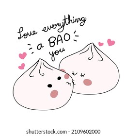 Love everything a bao you, two bao (Chinese bun) kissing cartoon vector illustration