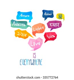 Love is everywhere. Card with speech bubbles with word "Love" on different languages.