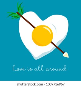 Love everywhere. Omelette in the form of a heart with an arrow from a green onion. Postcards on Valentine's Day