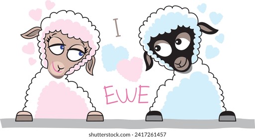 I love ewe, sheep couple in cartoon style. Vector format.