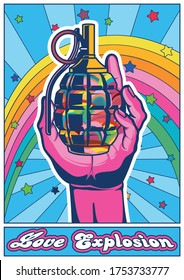 Love Explosion Psychedelic Art Poster, Hippie Art Style, Grenade, Arm, Regenbogen