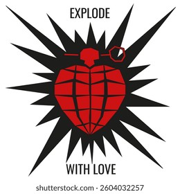 Love explosion vector illustration. Romantic Valentine's Day concept. Grenade in shape of red Heart with typography text. EPS 10