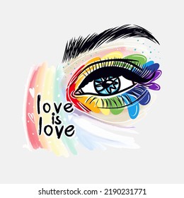 Love is love. Eye makeup, watercolor background, paint splatter, lgbt pride, gay pride, rainbow flag, lgbt vector quote