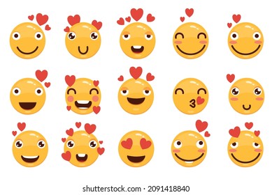 Love eyes emoticons vector Love eyes emoticons facesfaces. Yellow loving fun emoticon set, humor mood smileys with hearts, sweet cartoon emoji characters isolated on white background.