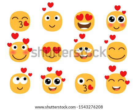 Love eyes emoticons vector Love eyes emoticons facesfaces. Yellow loving fun emoticon set, humor mood smileys with hearts, sweet cartoon emoji characters isolated on white background