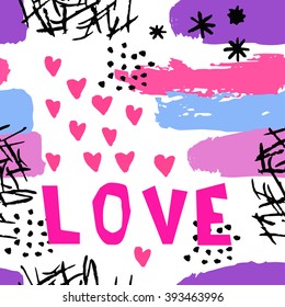 Love fabric pattern. Abstract  pattern in Memphis style. Retro design style in 80s, 90s with ink texture. Lettering love and hearts. Fabric seamless pattern in pop style 