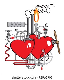 love factory. Two hearts connected by different mechanisms and pipes