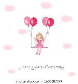 Love fairy with swing. Pink and red ballon and clouds. Happy Valentine's Day greeting card