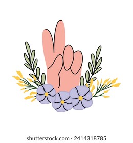 Love Faith Peace Hope Hand Sign. Hand-drawn peace and prosperity sign and a wreath of wildflowers. Vector illustration in flat style. Editable stroke.