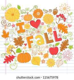 Me encanta regresar a la escuela estilo Viñetas de cuaderno con calabazas, hojas y flores de otoño - Vectores dibujados a mano Elementos de diseño de ilustración en papel de esbozo en línea