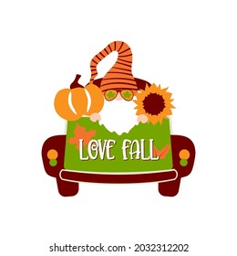 Love fall design. Fall gnome on farm truck. Truck with pumpkin, sunflower and gnome. Autumn holidays greeting card. Vector illustration.
