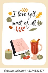 Amo a la Caída sobre todo - Texto vectorial dibujado a mano. Afiche de color de otoño. Es bueno para la impresión de tarjetas de felicitación y camisetas, volante, diseño de afiches, tazón