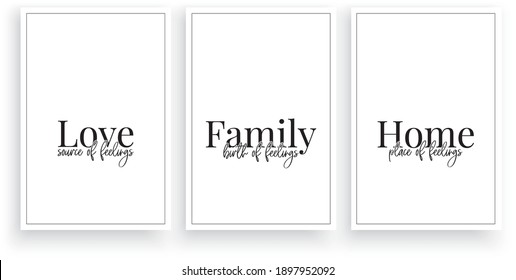 Liebe, Familie, Zuhause, Vektorgrafik. Aufnahme-Design, Schrift. Skandinavisches minimalistisches Plakatdesign, drei Plakatdesign, Tapeten-Deko, Tapeten, Liebesangebote, Grußkartendesign