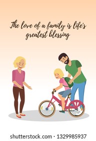 The Love of a Family is Lifes Greatest Blessings. Flat Illustration on Pink Background. Young Happy Blonde Mother and Father Brunette Help their Blonde Teenager Girl Ride Pink Bike.