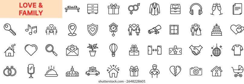 Design de ícone de amor e família com corações, casais, presentes, casas, balões, anéis de casamento, vestidos, notas musicais, abraços, aperto de mão, celebrações e símbolos românticos
