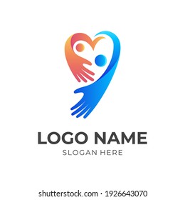 love family logo, heart and people, combination logo with 3d blue and orange color style