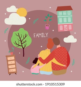 love family members characters together and icons with lettering vector illustration design