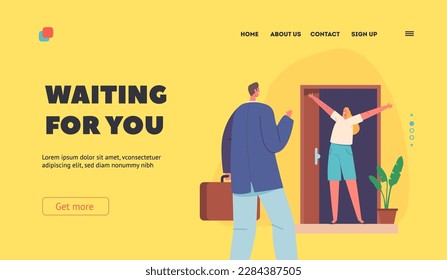 Love, Family Relationships Landing Page Template. Woman Meet Man Returning at Home after Work or Trip