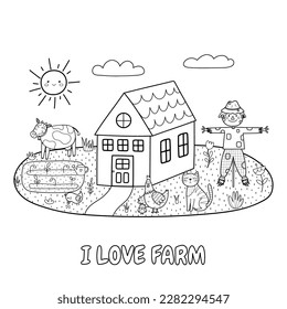 I Love Farm black and white print with a cute scarecrow, cow, hen, cat and farmhouse. Summer green meadow coloring page. Vector illustration
