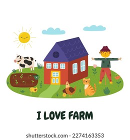 I Love Farm print with a cute scarecrow, cow, hen, cat and farmhouse. Summer green meadow card in cartoon style. Vector illustration