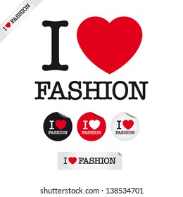 i love fashion, font type with signs, stickers and tags